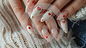 Closeup to woman hands with elegant Valentines day inspired neutral colors