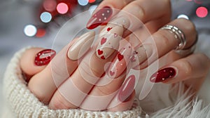 Closeup to woman hands with elegant Valentines day inspired neutral colors
