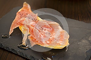 Closeup of toast served Salmon with oil