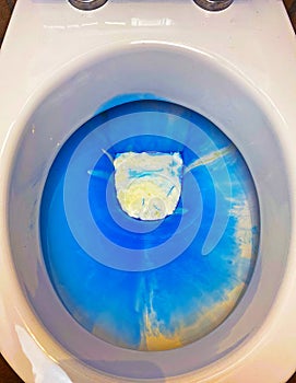 Closeup of toilet bowl seat with blue white environmantal harmful chemical chlorine aggressive cleaning detergent product