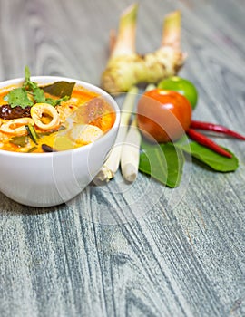Closeup Tom Yum Kung-Thai spicy soup with Herb set of Tom Yum Soup Ingredients