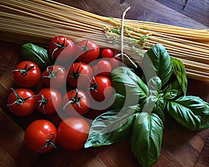 Closeup of tomatoes and pasta with vibrant greenery spears. Gree