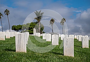 Closeup of tombstone rows, Rosecrans Cemetery, San Diego, CA, USA