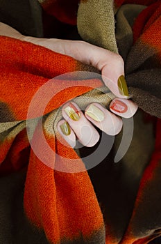 CloseUp top view of beautiful faded colors trendy manicure of green and beige glossy nails. Winter or autumn style of nail design