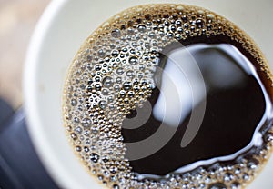 Closeup Top view of a cup of coffee with lots of bubbles