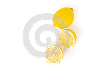 Closeup top view fresh lemon fruit slice on white background, f