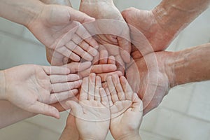 Closeup top view of human palm hands, parents and kid holding empty free space on hand together