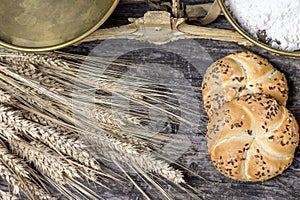 Closeup top view of old kitchen scales, scoop of flour, corn and