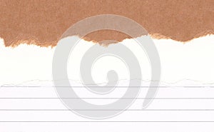 Closeup torn brown paper on grunge torn lined ,white paper texture background.Rip Paper note ,brown sheet with space for text ,pat