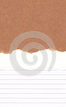 Closeup torn brown paper on grunge white line paper texture background. Rip Paper note ,brown paper sheet with space for text ,pa