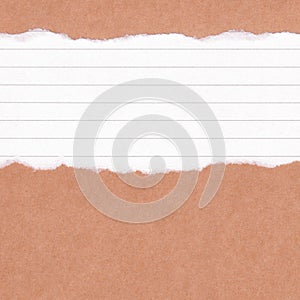 Closeup torn lined paper on grunge brown paper texture background. Rip Paper note ,brown paper sheet with space for text ,pattern