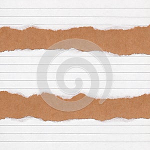 Closeup torn lined paper on grunge brown paper texture background. Rip Paper note ,brown paper sheet with space for text ,pattern