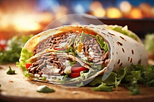 closeup tortilla wrap with meat salad and mayonnaise. ai generative