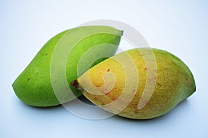 Totapuri Mango, Magnifera indica, green yellow red colorful mangoes from south India, srilanka in white background photo