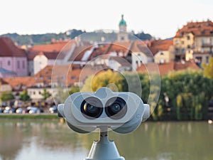 Closeup of a tower viewer near a river