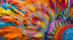 A closeup of a traditional Carnival float decked out in bright hues and adorned with feathers glitter and other festive photo