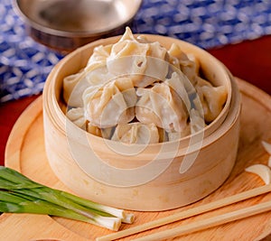Closeup of traditional Chinese food, Xiaolongbao, served in a wooden plate with green onions