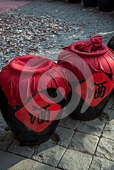 Closeup of traditional chinese rice wine jars