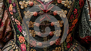 Closeup of a traditional dirndl dress with intricate embroidery and a corsetstyle bodice photo