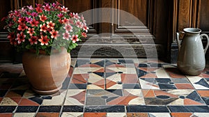 A closeup of a traditional geometric pattern made of marble and terracotta tiles adding oldworld charm to this entryway photo