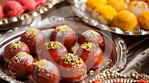 A closeup of traditional Indian sweets like gulab jamun and motichoor laddoos arranged on a silver plate and garnished