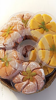 Closeup traditional Indonesian cookies, perfect for festive gatherings.