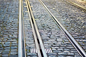 Closeup of tram rails in Lisbon