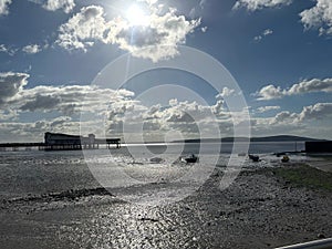 Closeup of tranquil Weston Super Mare beach during cloudy weather