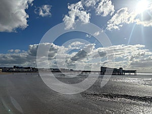 Closeup of tranquil Weston Super Mare beach during cloudy weather