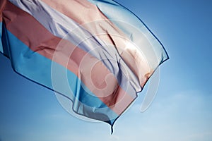 Transgender pride flag waving on the blue sky photo