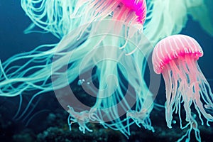 Closeup translucent blue light color jellyfish with poisonous tentacle in natural habitat. Sea moon jelly fish aurelia