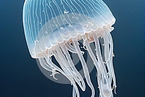 Closeup translucent blue light color jellyfish with poisonous tentacle in natural habitat. Sea moon jelly fish aurelia