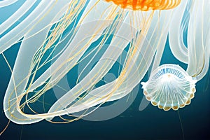 Closeup translucent blue light color jellyfish with poisonous tentacle in natural habitat. Sea moon jelly fish aurelia