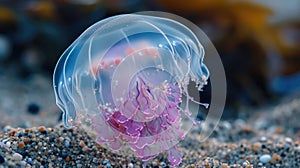 Closeup of a translucent jellyfish its bellshaped body pulsating with soft blue and pink hues against the sandy bottom photo