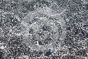 Transparent clear calm water surface with small grey pebbles sea bottom texture
