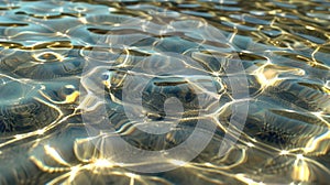 Closeup of transparent water surface with ripples and reflections, featuring silver veins, in the style of realistic.