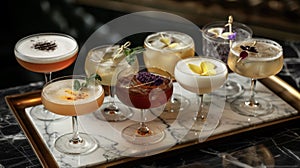 A closeup of a tray of expertly crafted cocktails each one garnished with unique and elaborate ingredients. The drinks