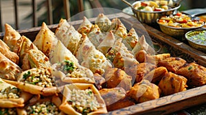 A closeup of a tray filled with delectable Indian snacks such as samosas kachoris and namak pare traditionally prepared