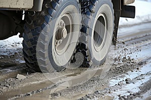 closeup of truck wheels and suspension while traversing potholes
