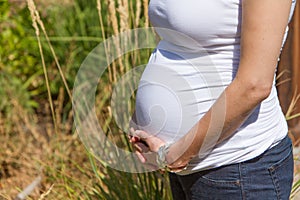 Closeup of tummy of a pregnant woman holding her belly in nature, is wearing a white top, new life concept, room for copy