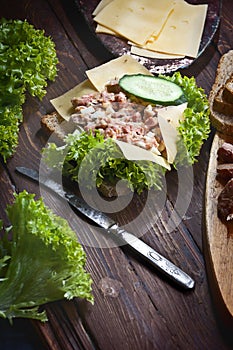 Closeup of tuna fish sandwich with green salad, cheese slices, fresh cucumbers and bread, on dark wooden table background