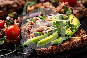 Closeup of a tuna melt topped with avocado and microgreen, on wholemeal bread. Italian cuisine, Delicious breakfast or snack