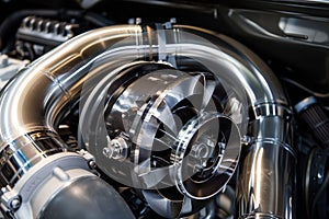 closeup of a turbocharger in a clean engine bay