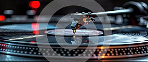 Closeup of a Turntable Needle Playing a Vinyl Record