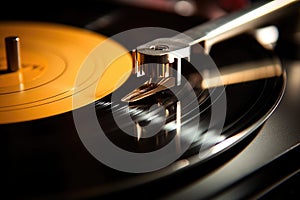closeup of turntable needle on a vinyl record