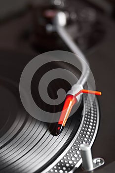 Closeup, turntable and vinyl for music system, professional dj job and needle for sound, party and vintage audio gear