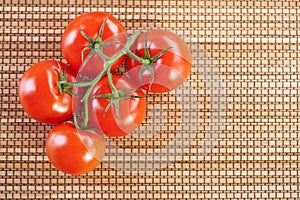 Closeup twig five red tomatoes