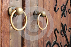 Closeup of two antique copper ornate door knockers over an aged wooden door.