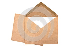 Closeup two brown envelope with white paper isolated on white background