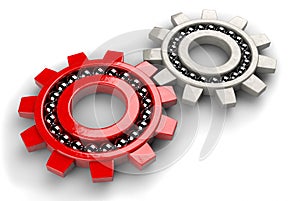 Closeup of two gray and red gear bearings